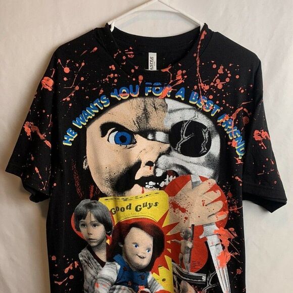 Childs Play Chucky Backstock All Over Print Shirt Sz L AOP Horror Double-Sided - Picture 1 of 7